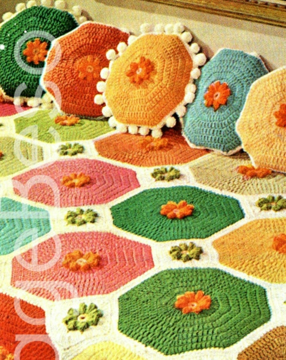 Afghan Crochet Pattern • Vintage 1970s Colorful Octagon Afghan Pattern + Geometrical Shape Pillows Pompoms • Watermarked PDF Only