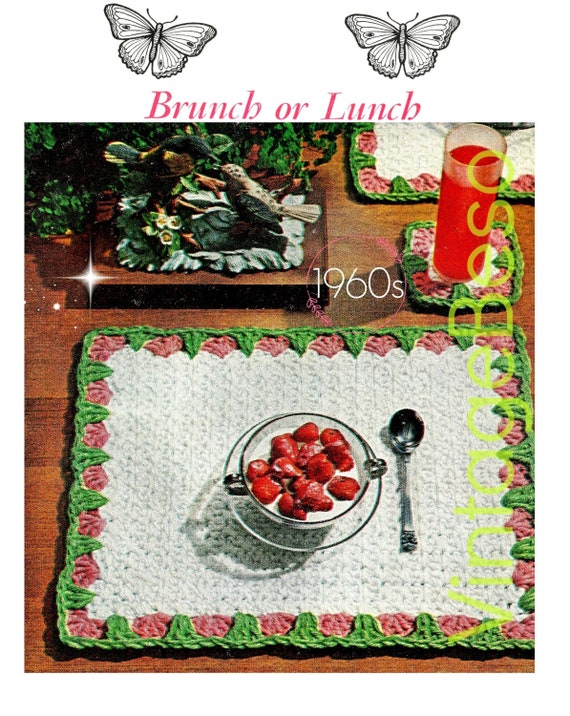 2 EASY Crochet Patterns • Strawberry Placemat + Coaster Crochet Pattern • 1960s Brunch Set • Retro Home Decor • Watermarked PDF Only