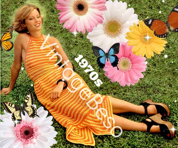 Halter Dress Crochet Pattern • Sexy Ladies Maxi Dress • Striped Dress • Vintage 70s Swimsuit Coverup • Sizes 10 12 14 • Watermarked PDF Only