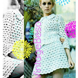 May include: A vintage 1960s crochet dress with a white, lacy design. The dress has a short skirt and long sleeves. The model is wearing the dress with a white collar and her hair is styled in a short bob.
