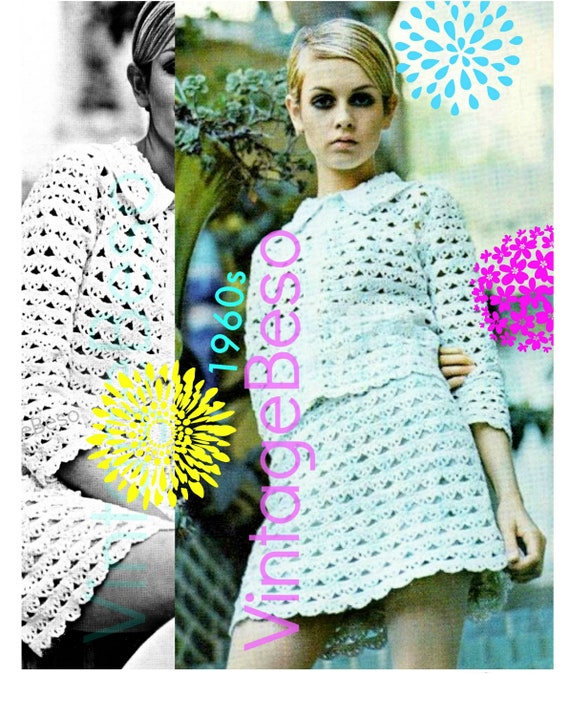 EASY Twiggy Crochet Pattern • Beginner • Vintage 1960s QUICK • Suit Crochet Pattern • Jacket Pattern • Skirt Ladies • Watermarked PDF Only