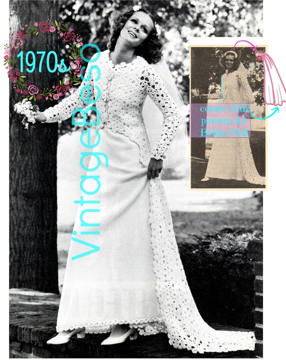 Wedding Gown Ensemble Vintage Knitting & Crochet Pattern 70s Sleeveless Dress Sleeve Coat Jacket Sweeping Train Veil • Watermarked PDF Only