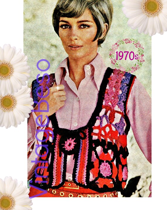 Boho Vest Crochet Pattern • Vintage 1970s • Watermarked PDF Only • Waist Length Vest • Wear over top or blouse or dress