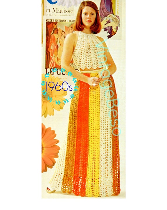 2 Crochet Patterns are TOP + SKIRT Crochet Pattern • 1960s and Vintage Sexy Halter • Worked in Super Fun Shell Stitch • Watermarked PDF Only