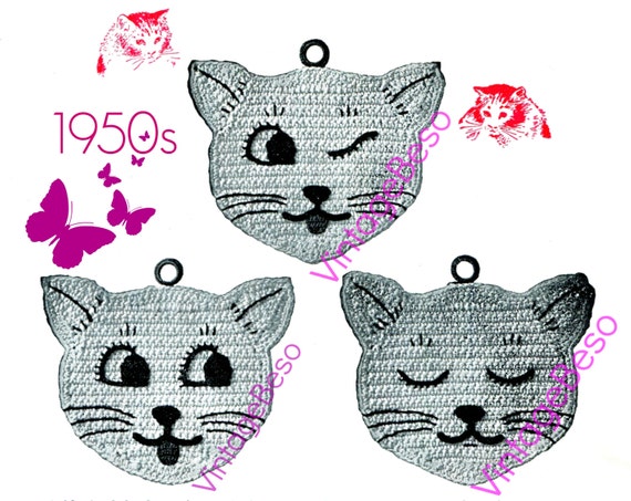 Cat Crochet Potholder • 1950s • Vintage Crochet Pattern • Kitchen Decoration • Crochet Potholder • Crochet Cats • Watermarked PDF Only
