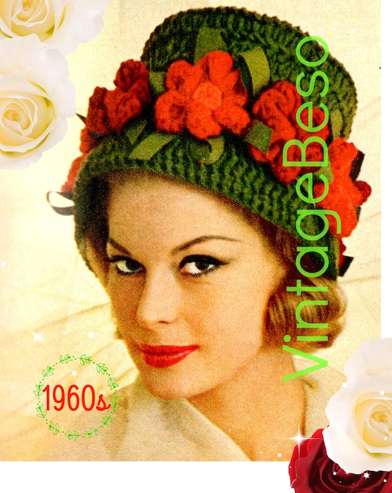 Hat Crochet Pattern • 1960s Flower Trimmed Cloche Crochet Pattern • Roses Patterned Hat • Fun and Feminine Flower Hat • Watermarked PDF Only