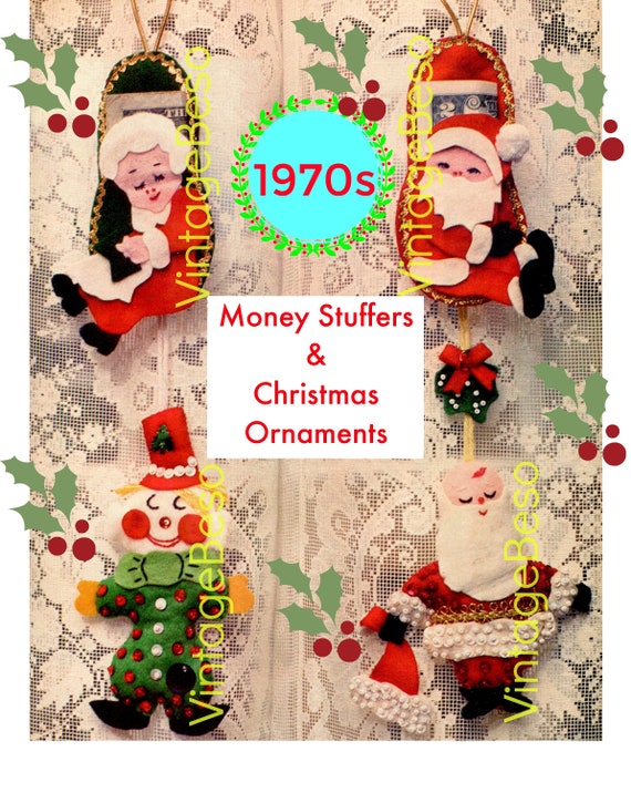 Money Stuffers Felt CRAFT Pattern • Vintage 1970s Christmas Ornaments Felt Sewing Pattern • Watermarked PDF Only