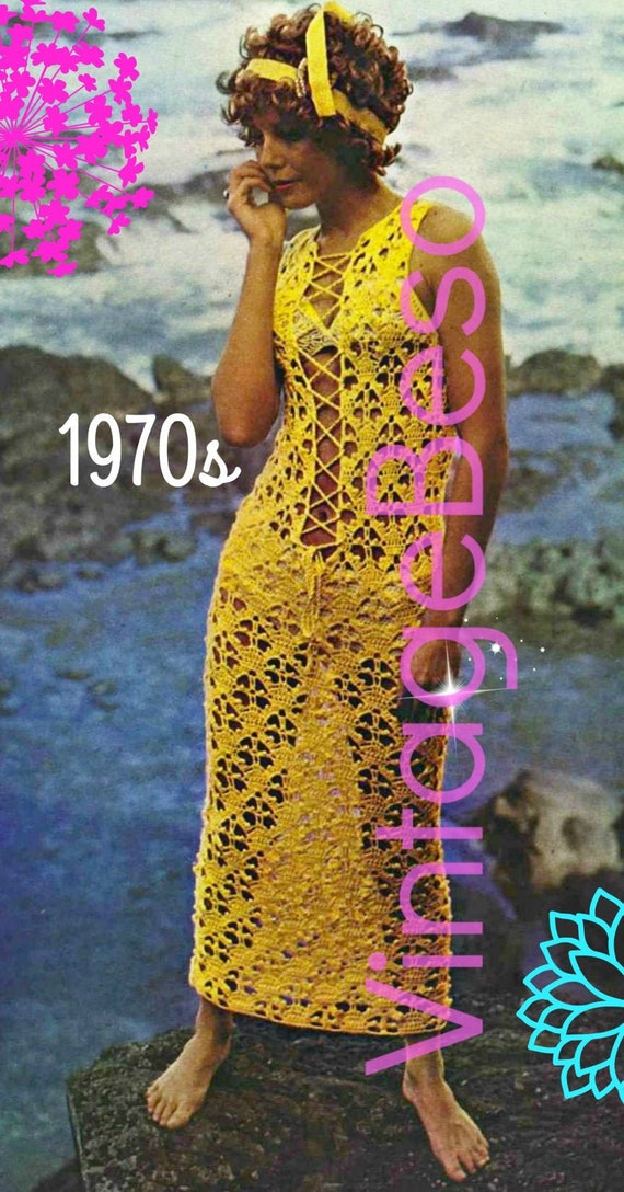 Sexy Vixen CoverUp • Maxi Dress • Vintage Crochet PATTERN • 1970s Dress Bikini Swimsuit CoverUp • Sassy Fishnet Style • Watermarked PDF Only