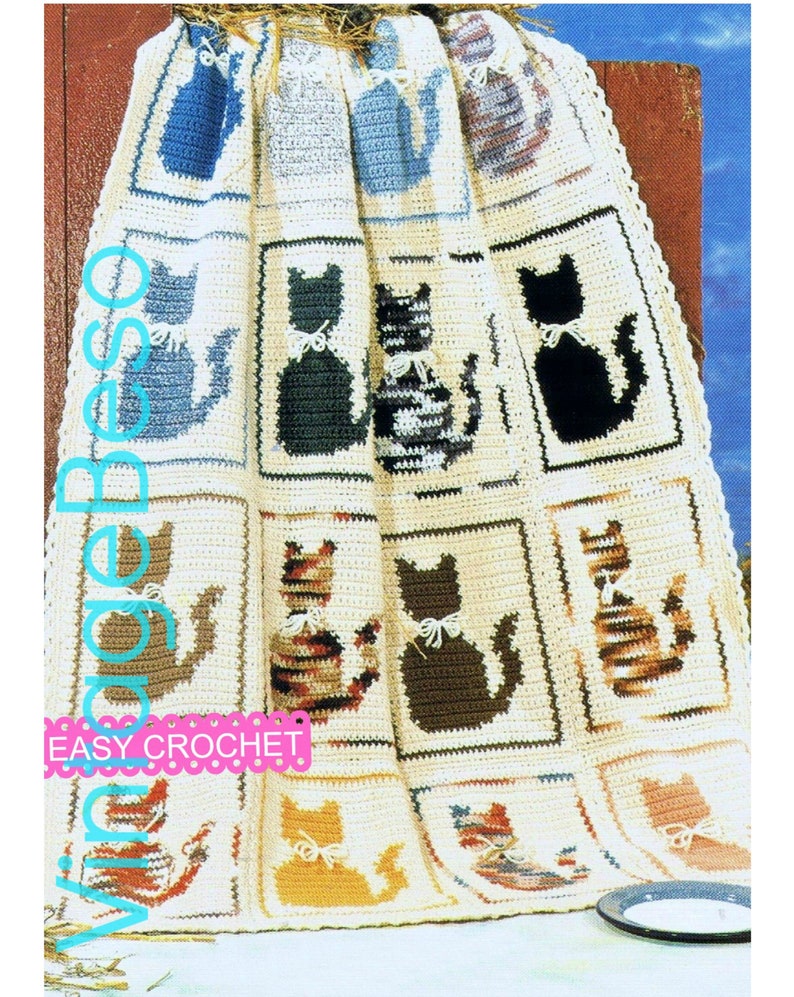 Easy Cat Afghan Crochet PATTERN Cat Pillow Pattern Vintage Single Crochet Meow Love Crochet Kitty Cat Blanket Watermarked PDF Only image 2