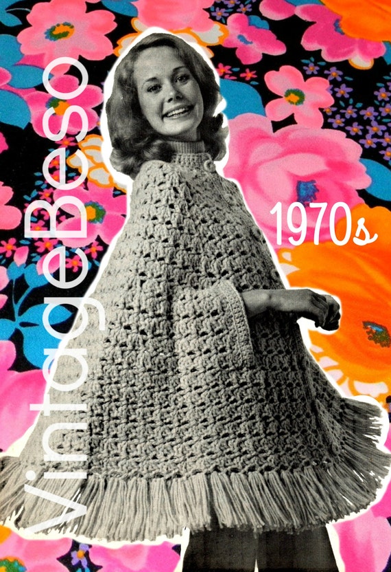 Cape Crochet Pattern • Retro 1970s Crochet Pattern • Big Swing Cape • Shawl Poncho Fringe Shell Stitch Easy Fun • Watermarked PDF Only