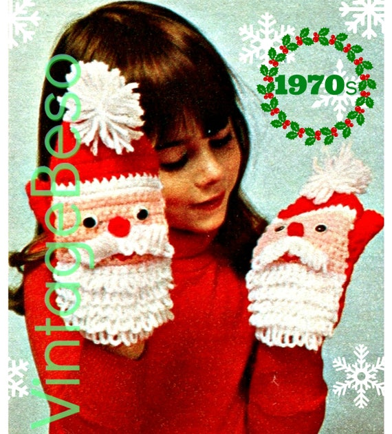 Santa Mittens CROCHET Pattern • 1970s Christmas Mittens • Puppets • Gloves of Santa Claus • Watermarked PDF Only