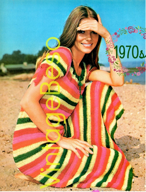 Vintage Crochet Pattern Maxi Dress Sun Stripes Peasant Dress • Ladies Summer Wear • Super EASY Adjust Length • Watermarked PDF Only