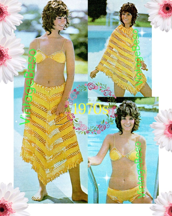 3 Piece Beach Set:  Poncho / Skirt, Bikini Combo • Sexy CROCHET PATTERN • See Thru • Bathing Suit • Vintage 1970s • Watermarked PDF Only