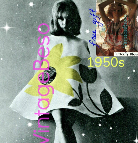 Dress SEWING PATTERN • Vintage 1950s Big Daisy Tent Dress • Free Gift Butterfly Blouse • Mod Dress • American Beauty • Watermarked PDF Only