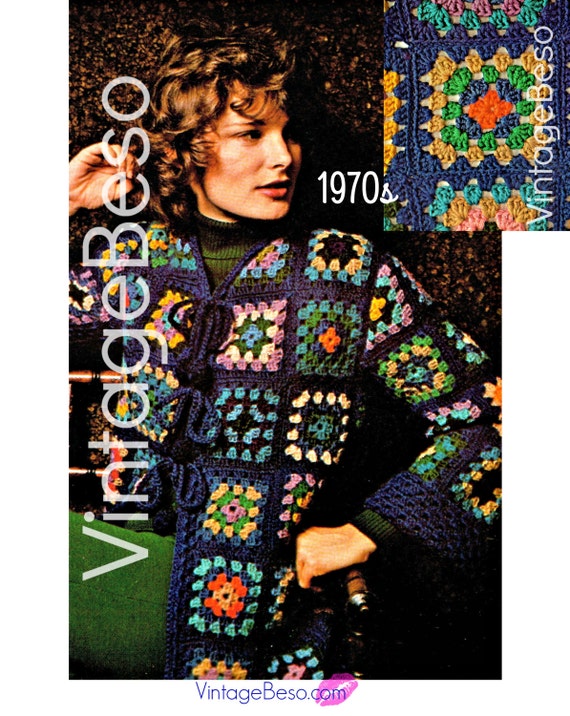 Jacket Crochet Pattern • 1970s Granny Square Motif Style • Classic Out of the Blue Coat • Retro • Vintage Crochet • Watermarked PDF Only