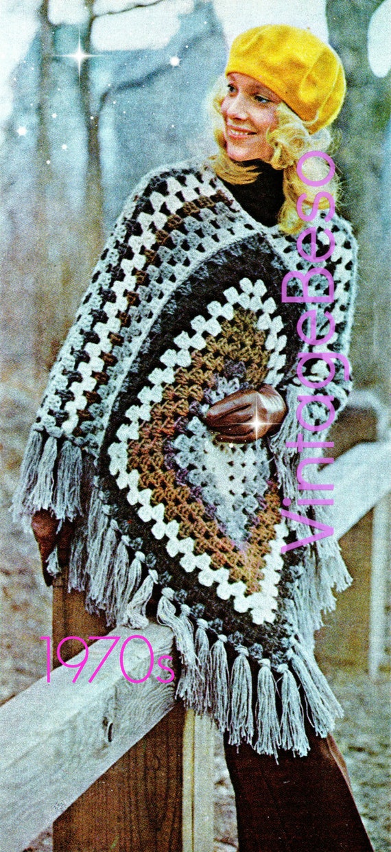 EASY Poncho Crochet Pattern • Vintage 1970s Easy Granny Square Poncho • Retro Poncho with Fringe • Vintage Beso • Watermarked PDF Only