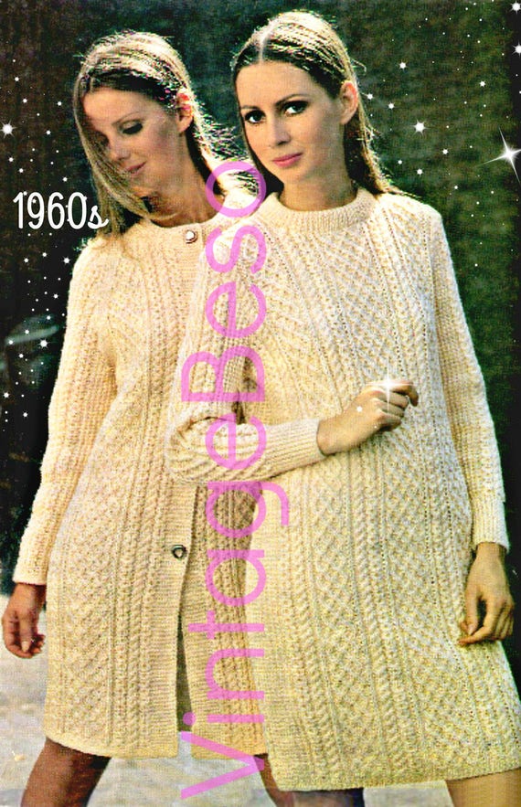 Aran Sweater Dress Vintage Knitting Pattern 2 PATTERNS Retro 1960s Coat Dress Pattern 32 - 42 inch bust • Watermarked PDF Only