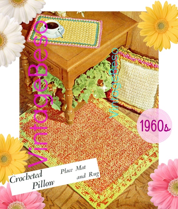 Pillow + Place Mat + Rug • 1960s Vintage Crochet Pattern • Matching Set to Show Off Your Organizational Style • Watermarked PDF Only