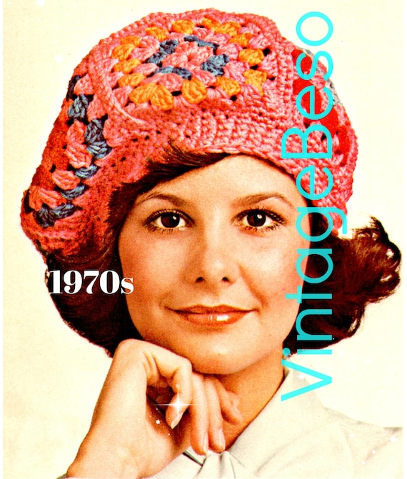 EASY Beret Crochet Pattern • Vintage 1970s • Cap Crochet Pattern • Granny Square Hat • Crochet Pattern • Watermarked PDF Only