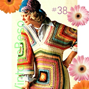 May include: A colorful crochet top with a rainbow striped pattern and a square design in the center. The top has a V-neck and 3/4 sleeves. The model is wearing a blue bandana on her head. The image includes the text #38.