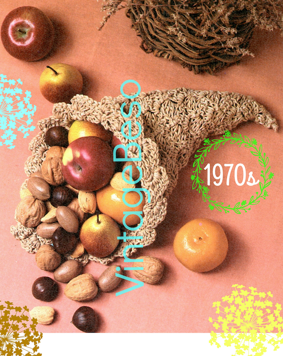 EASY Cornucopia Crochet Pattern • Easy to MAKE • Vintage 1970s • Retro Holiday Basket • Thanksgiving Centerpiece • Watermarked PDF Only