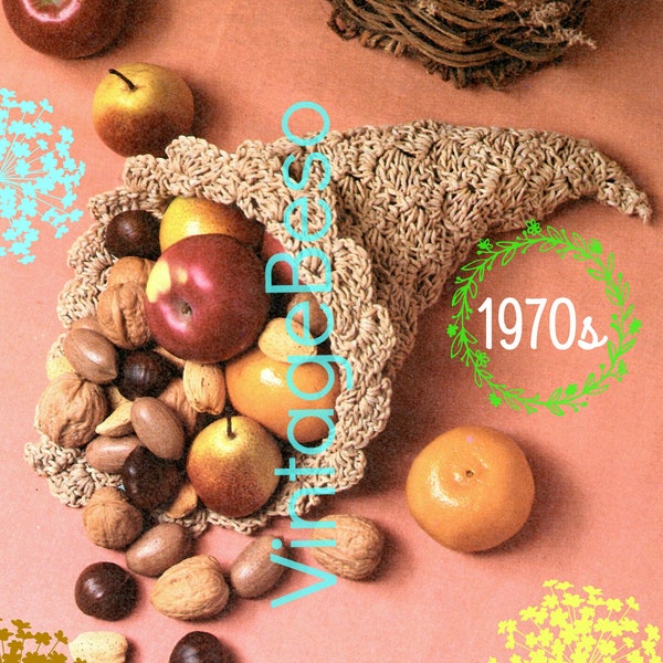 EASY Cornucopia Crochet Pattern • Easy to MAKE • Vintage 1970s • Retro Holiday Basket • Thanksgiving Centerpiece • Watermarked PDF Only
