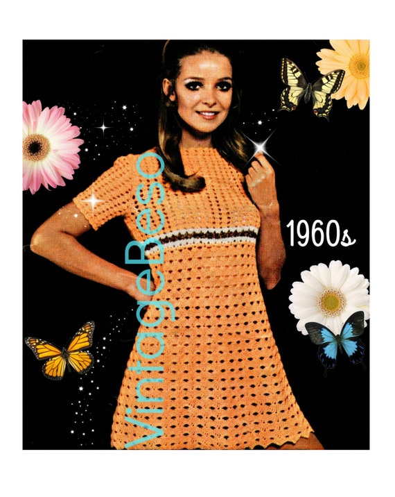 EASY Dress Crochet Pattern • Peekaboo and Ladylike • Sporty Stripe • Vintage 1960s Dress Pattern • VintageBeso • Watermarked PDF Only