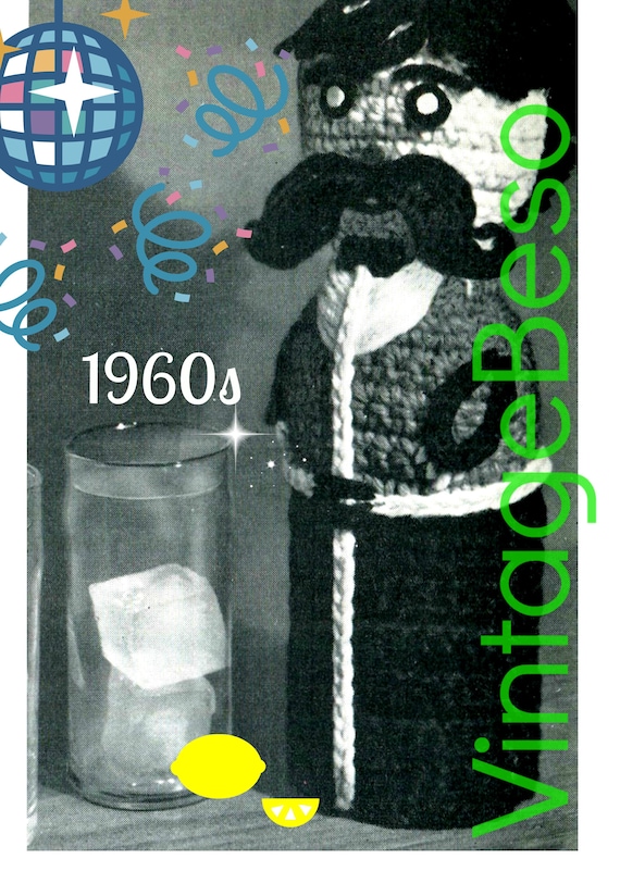 LIQUOR Bottle Cover CROCHET Pattern • 1960s Retro Hostess Party Gift from Mad Men Era • Moustache • gift Cigarette • Watermarked PDF Only