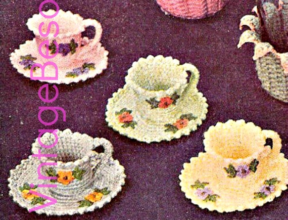 Tea Cups Crochet Pattern and Saucers Crochet Pattern • Vintage 1950s Crochet Pattern Flowers Crochet Leaves • Watermarked PDF Only