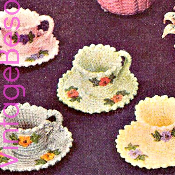 Tea Cups Crochet Pattern and Saucers Crochet Pattern • Vintage 1950s Crochet Pattern Flowers Crochet Leaves • Watermarked PDF Only