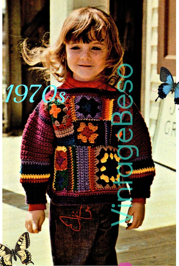 Child Sweater Crochet Pattern • 1970s Granny Square Patchwork Sweater • Easy • Retro • Boho • Hippie • VintageBeso • Watermarked PDF Only