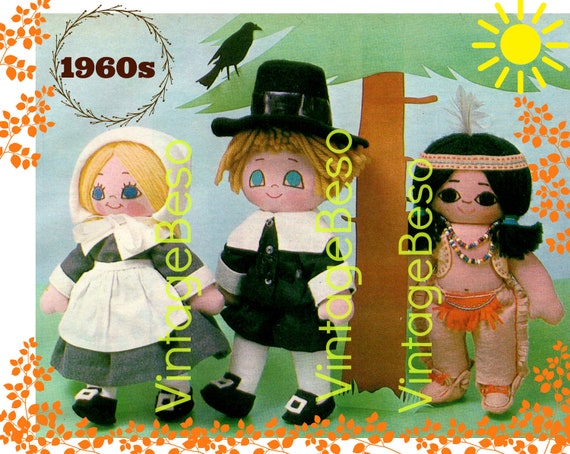 Thanksgiving Doll SEWING Pattern + 2 Free Gifts • PDF • Vintage 1960s Pilgrim Doll • Retro Indian Doll • Watermarked PDF Only