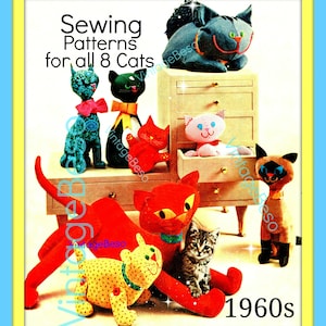 May include: Vintage sewing patterns for eight different cat stuffed animals. The patterns are from the 1960s and feature a variety of cat breeds, including a Siamese, a tabby, and a calico. The patterns are printed on a white background with black text.