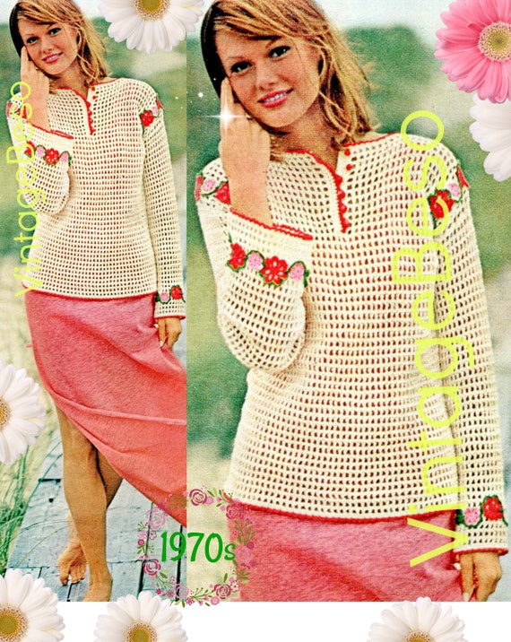 Shirt Crochet Pattern • 1970s Blouse Crochet Pattern • SIMPLE to MAKE Filet Top • Flower Edge • Beach • Summer Wear • Watermarked PDF Only