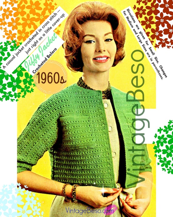 Jiffy Jacket Bolero Crochet Pattern • Vintage 1960s • Crocheted Casual Jacket • Retro • Super Cute Jacket • Watermarked PDF Only