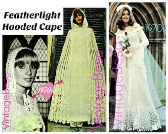 1970s Crochet Cloak Pattern • Vintage Hooded Cape, Bridal Shawl (Watermarked PDF)