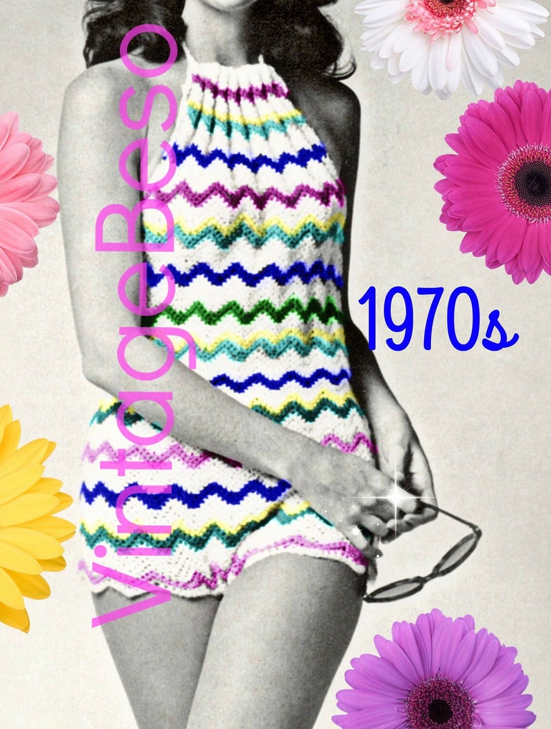 May include: A white crochet halter top with a zig-zag pattern in blue, green, yellow, and purple. The top is from the 1970s.