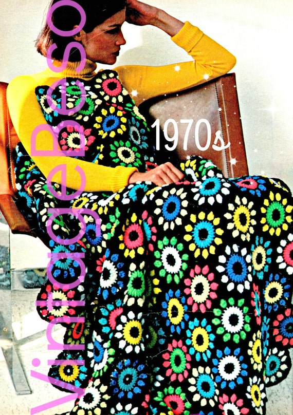 EASY Afghan Crochet Pattern • Vintage 1970s FLOWER Crochet Pattern • Crochet a Flower Garden • Bohemian Home Decor • Watermarked PDF Only
