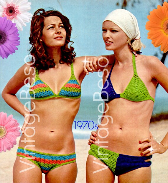 2 EASY Bikini Crochet Pattern • 1970s Striped Bikini Crochet Pattern + Peekaboo Color Blocking Bikini Crochet Pattern • Watermarked PDF Only