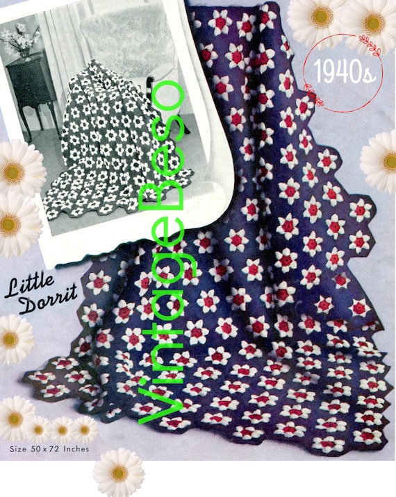 Patriotic Afghan Crochet Pattern • 1940s Vintage Flower Afghan • Flowers in Same or Different Colors • Little Dorrit • Watermarked PDF Only