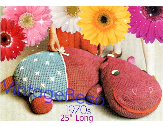 Hippopotamus Crochet Pattern • Giant Pillow • TV Floor Pillow • Retro 1970s Happy Hippo • Home Decor • Christmas • Watermarked PDF Only