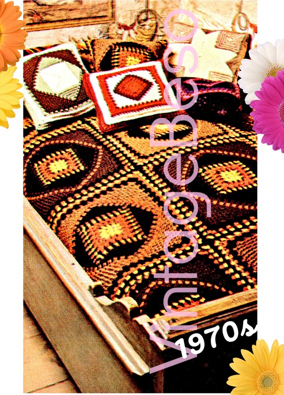 Scandinavia Rustic Afghan CROCHET Pattern • 1970s Vintage Folk Granny Square Blanket Cover Blanket Throw • Watermarked PDF Only