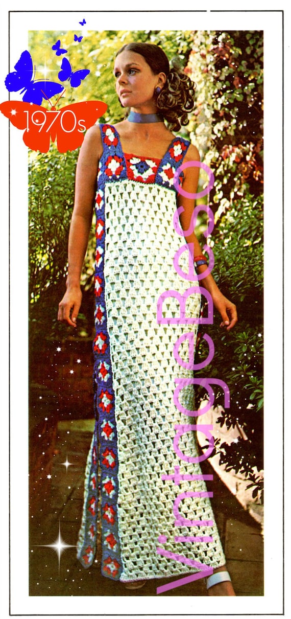 EASY Dress Crochet PATTERN • Boho Summer • Patriotic • Vintage 1970s Granny Square Gown Ladies Patio Wear Maxi Dress • Watermarked PDF Only