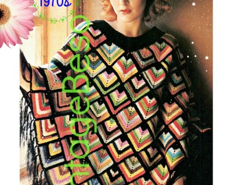 Poncho Crochet Pattern • Colorful Harlequin Poncho • 1970s Ladies Feminine with Fringing • Boho Hippie Festival • Watermarked PDF Only