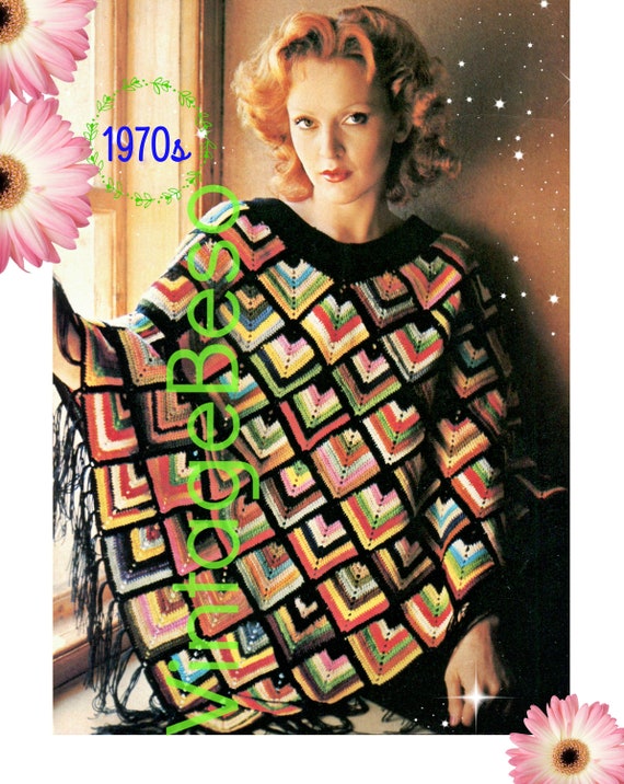 Poncho Crochet Pattern • Colorful Harlequin Poncho • 1970s Ladies Feminine with Fringing • Boho Hippie Festival • Watermarked PDF Only