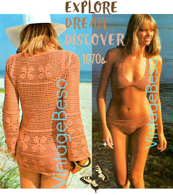 Bikini + Jacket Crochet Pattern • Filet Cover Up and Bikini 1970s Ladies Beach Sexy Feminine Swimwear Retro Swimsuit • Watermarked PDF Only