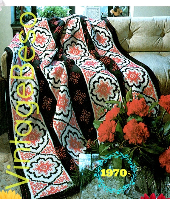 Spanish Motif Afghan Crochet PATTERN • Vintage Afghan Pattern • 1970s pattern uses Afghan Stitch with Afghan Hook • Watermarked PDF Pattern