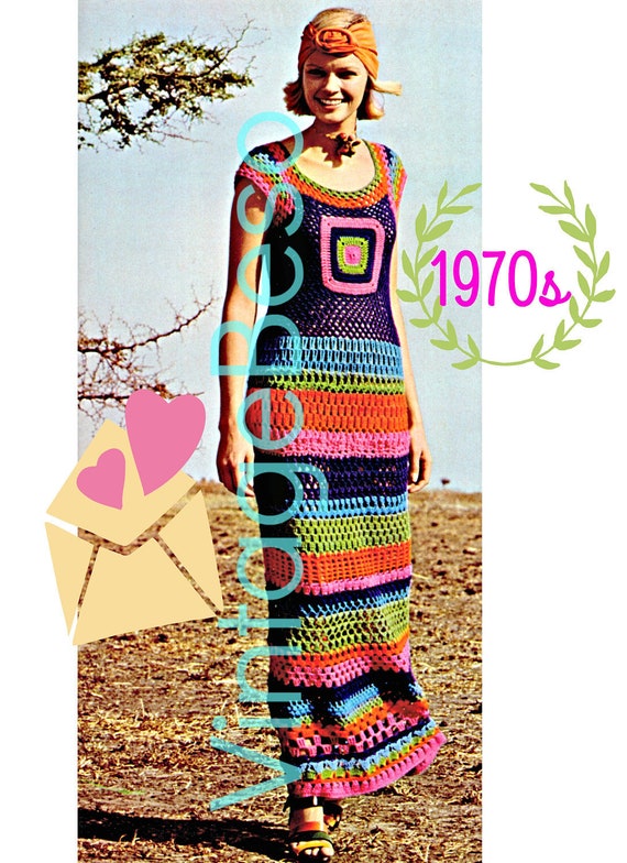 Ladies Maxi Dress Vintage CROCHET Pattern • Retro 1970s Striped Dress • Summer Wear with Cap Sleeves • Vintage Beso • Watermarked PDF Only