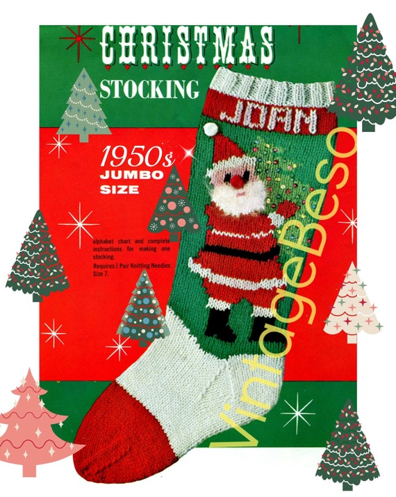 1950s Vintage Knit Pattern • STOCKING • Retro Christmas Knitting • Back has Two Dangling Ornaments • Watermarked PDF Only