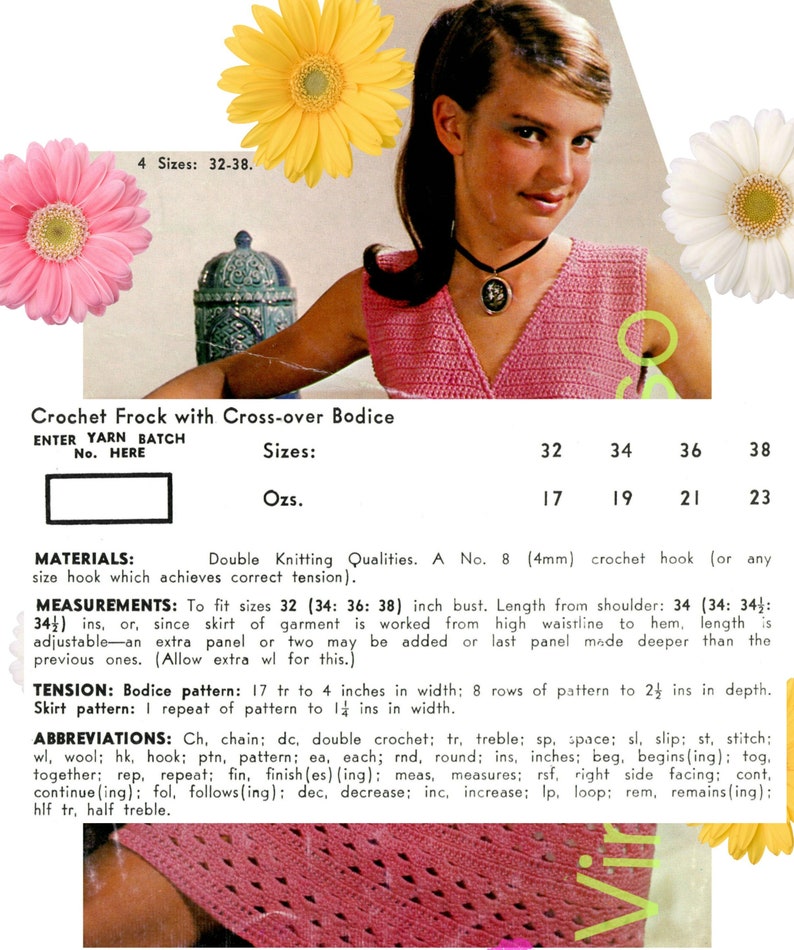 Dress Crochet Pattern Vintage 1960s \u2022 Teen Summer Wear w Lovely Cross-Over Bodice and Flower Trim \u2022 Sleeveless Sweet\u2022 Watermarked PDF Only